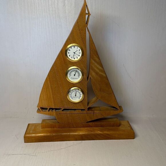 Wooden Cut Sailboat Ship Mantel Clock Temperature Hygrometer 11” - Picture 1 of 6